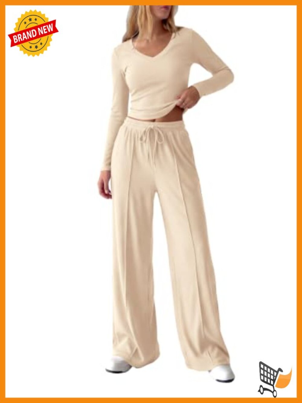 Women's 2 Piece Ribbed Lounge Set V-Neck Crop Top Wide Leg Pants